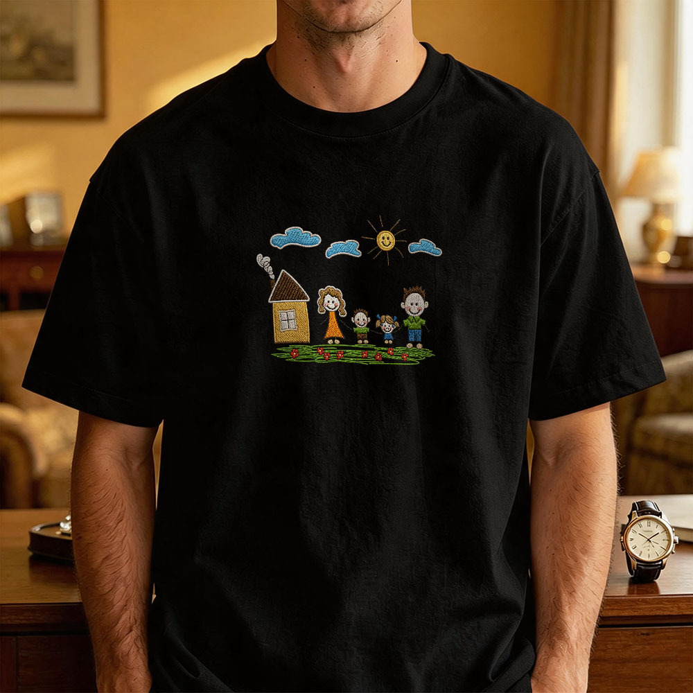 Custom Kids Drawing Embroidered T-Shirt – Personalized Child Artwork Tee, Custom Family Portrait Embroidery Shirt, Meaningful Gift for Mom, Dad & Grandparents - MyFaceSocksAU