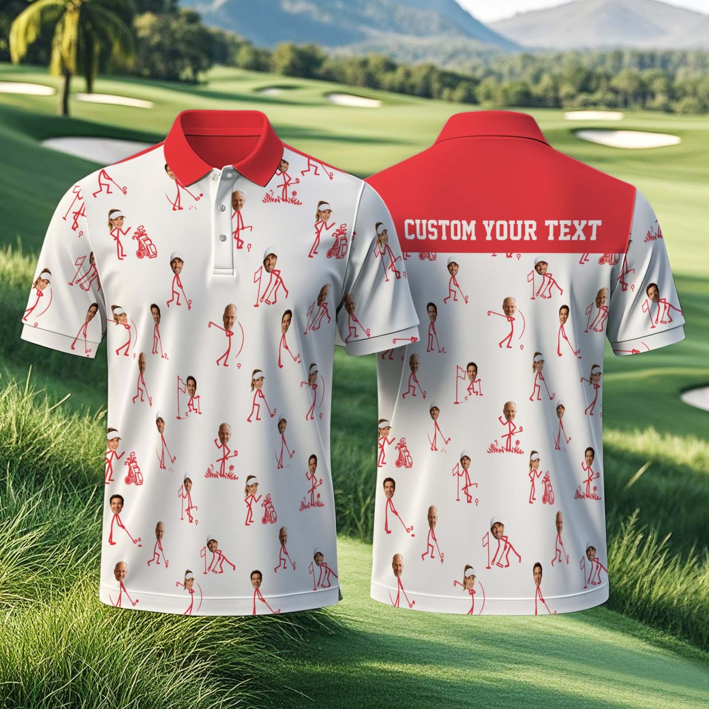 Custom Face Golf Polo Shirt, Personalized Photo Golf Shirt with Name, Funny Stick Figure Golfing Shirt, Unique Birthday Gift for Golfer - MyFaceSocksAU