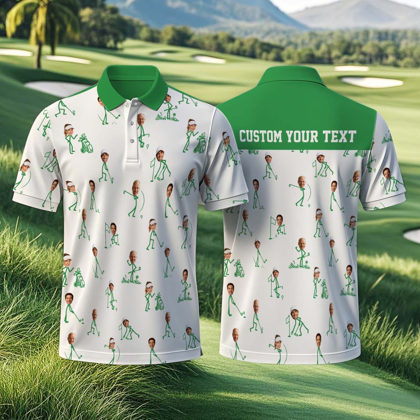 Custom Face Golf Polo Shirt, Personalized Photo Golf Shirt with Name, Funny Stick Figure Golfing Shirt, Unique Birthday Gift for Golfer - MyFaceSocksAU