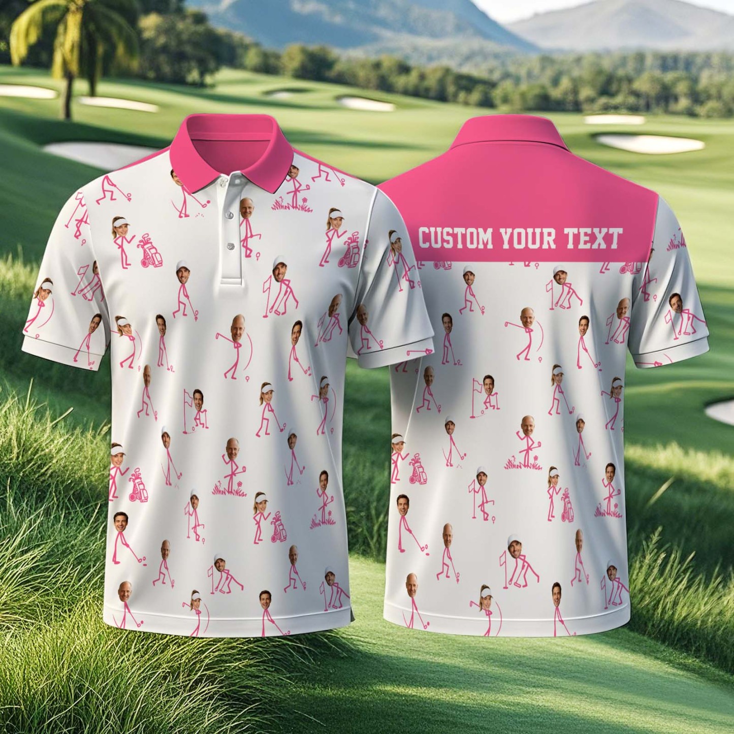 Custom Face Golf Polo Shirt, Personalized Photo Golf Shirt with Name, Funny Stick Figure Golfing Shirt, Unique Birthday Gift for Golfer - MyFaceSocksAU