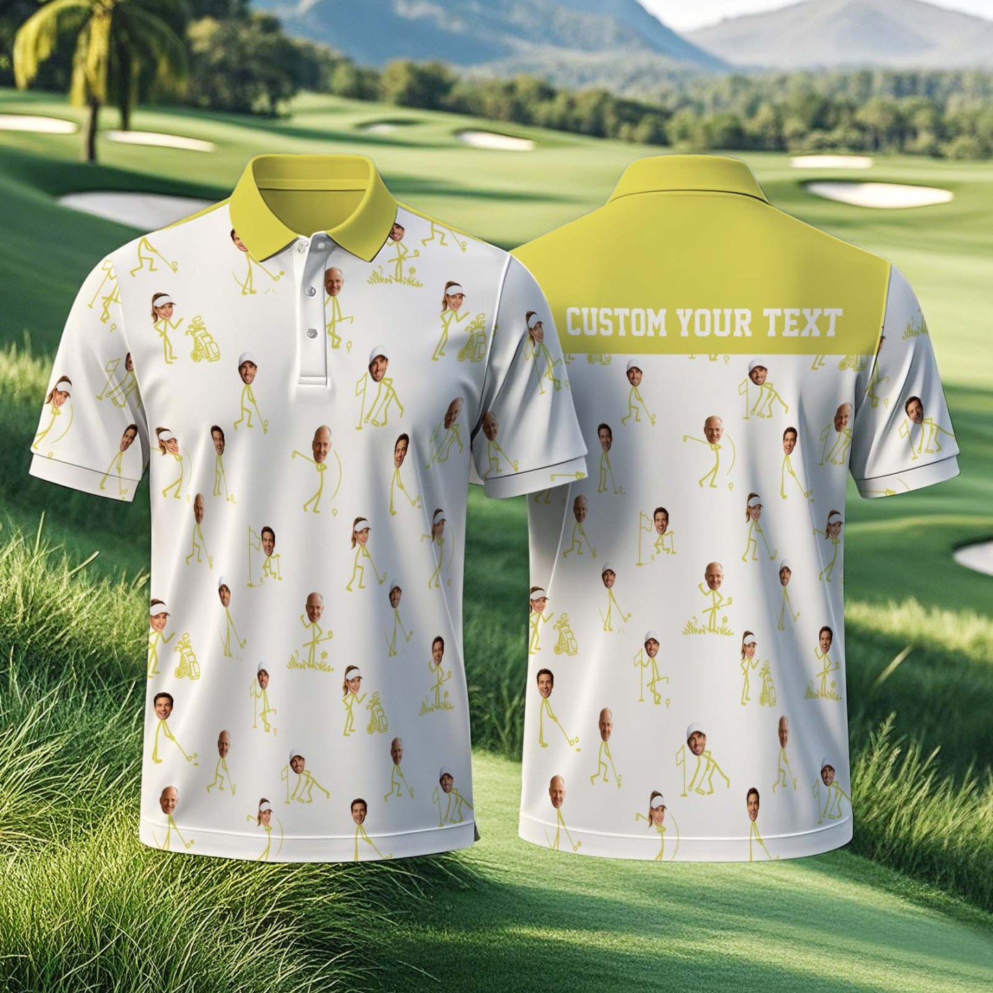 Custom Face Golf Polo Shirt, Personalized Photo Golf Shirt with Name, Funny Stick Figure Golfing Shirt, Unique Birthday Gift for Golfer - MyFaceSocksAU