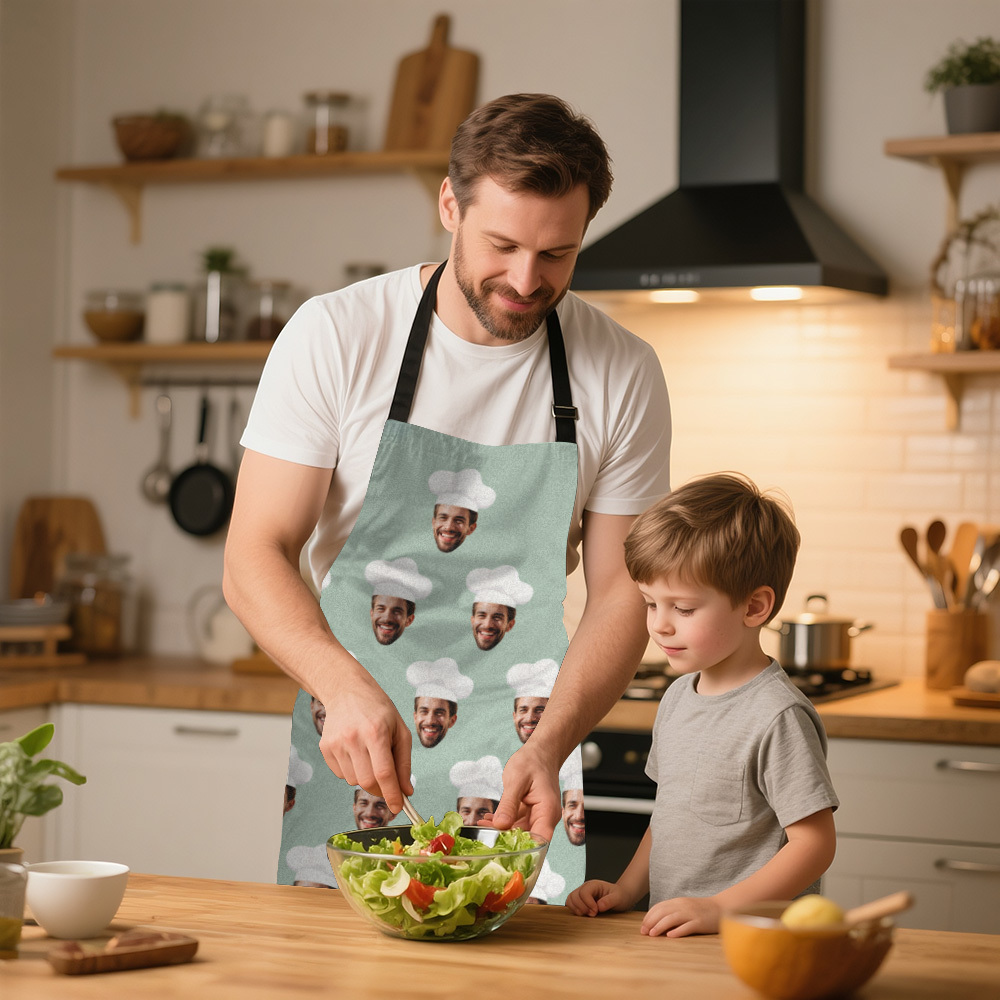 Custom Face Photo Apron Personalized Chef Hat Green Apron Gift For Dad Gradnpa