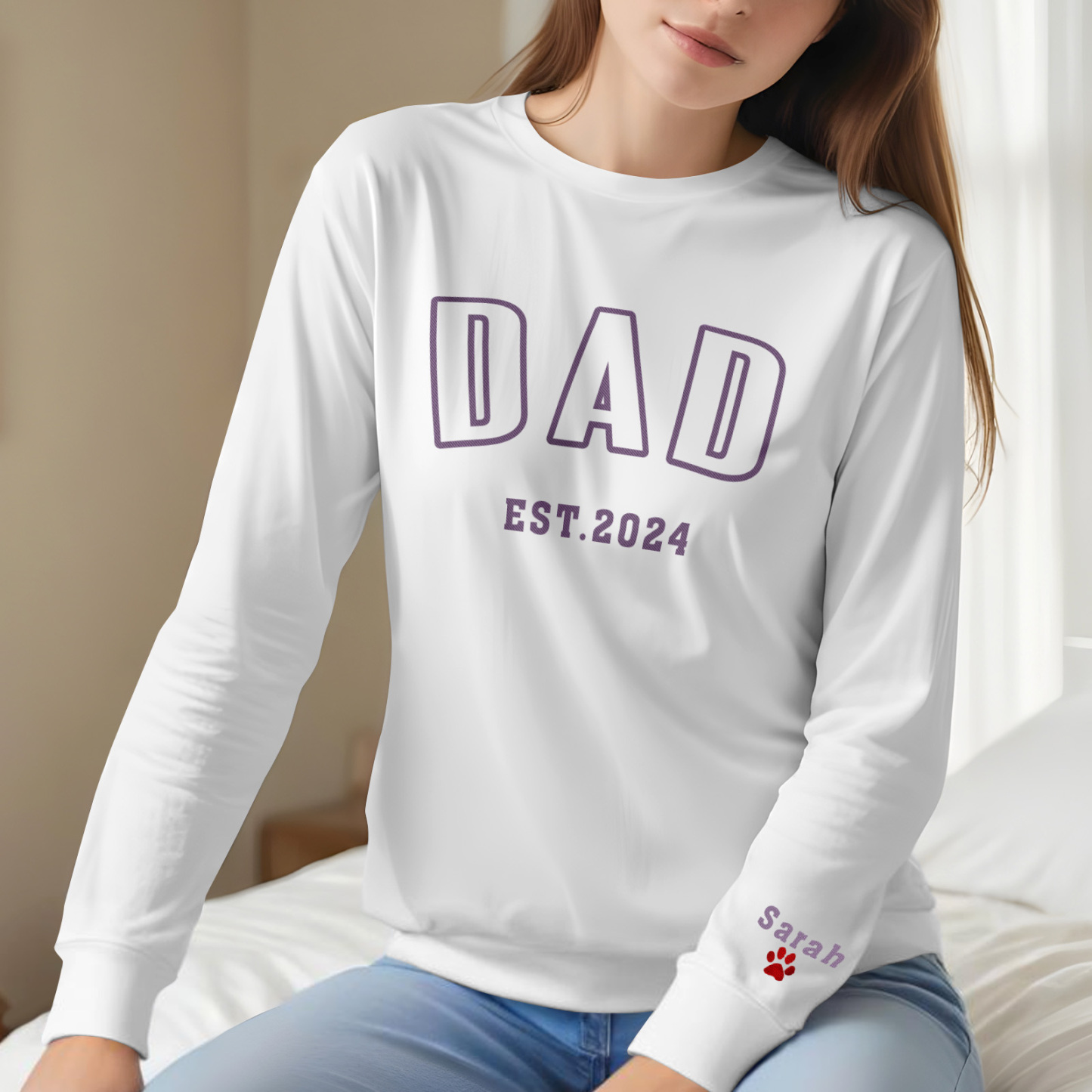 Custom Embroidered Sweatshirt, Name On Sleeve With Heart, Grandpa Shirt With Date, Daddy Est Year Shirt, Gift For New Dad, Father's Day Gift-MyFaceSocksAu