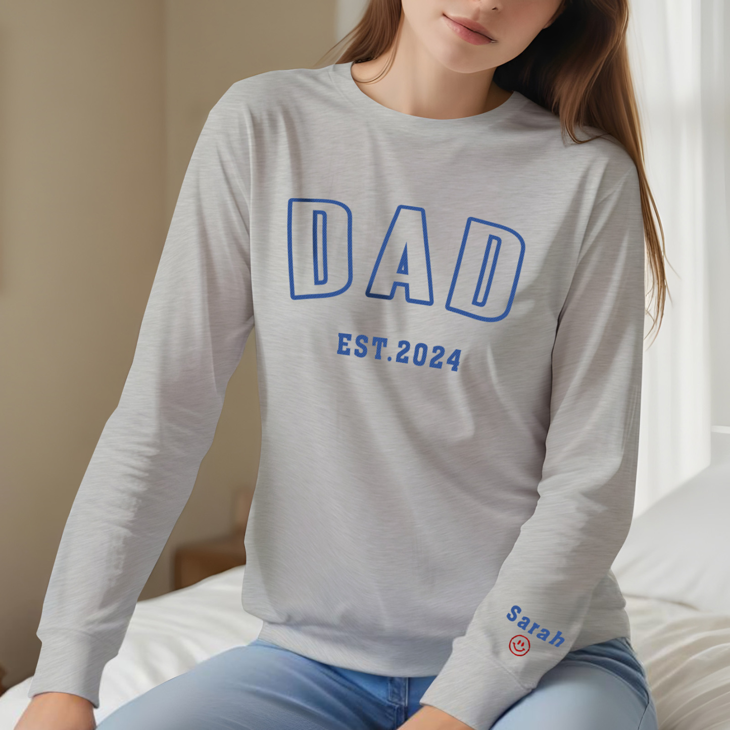 Custom Embroidered Sweatshirt, Name On Sleeve With Heart, Grandpa Shirt With Date, Daddy Est Year Shirt, Gift For New Dad, Father's Day Gift-MyFaceSocksAu