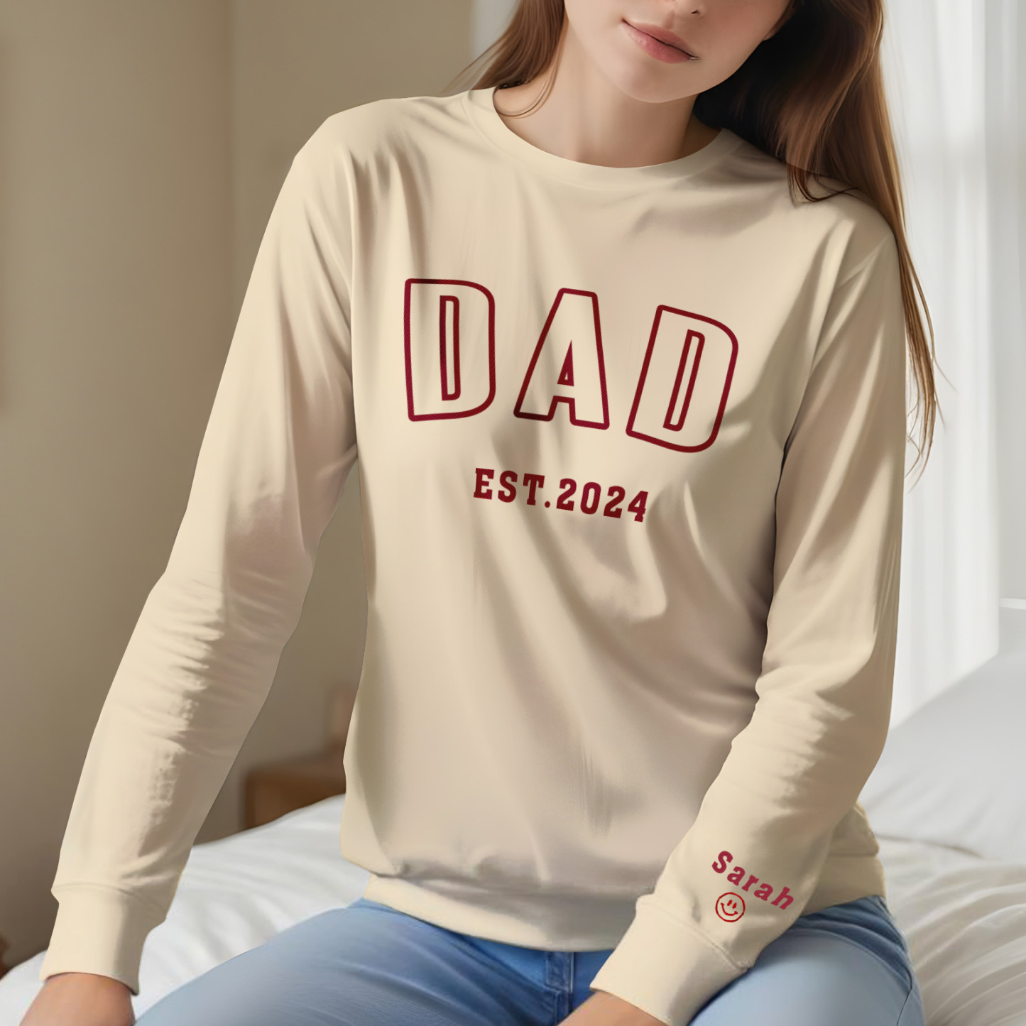 Custom Embroidered Sweatshirt, Name On Sleeve With Heart, Grandpa Shirt With Date, Daddy Est Year Shirt, Gift For New Dad, Father's Day Gift-MyFaceSocksAu