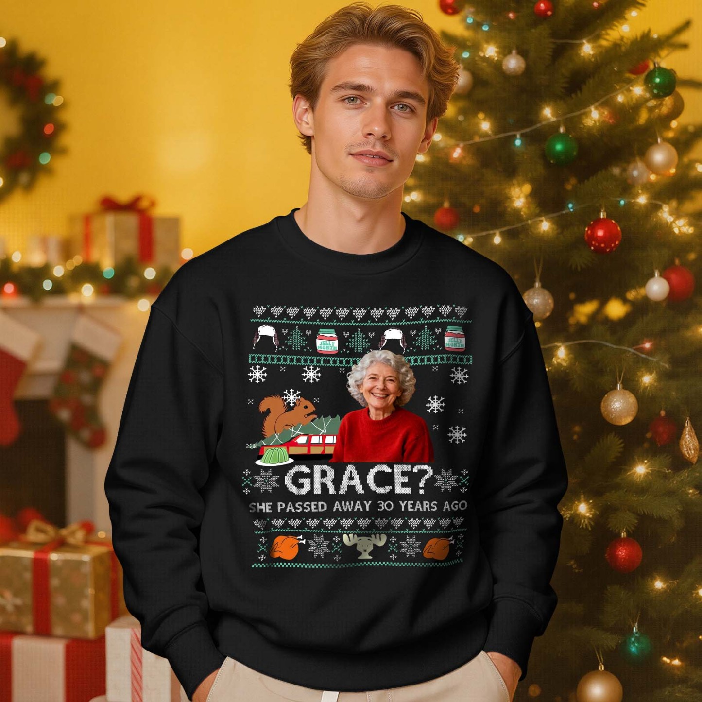 Custom Face Round Neck Hoodie Custom Face Retro Vintage Portrait Christmas Sweatshirt Memory Gift - MyFaceSocksAU