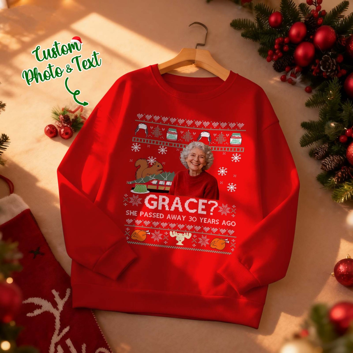 Custom Face Round Neck Hoodie Custom Face Retro Vintage Portrait Christmas Sweatshirt Memory Gift - MyFaceSocksAU