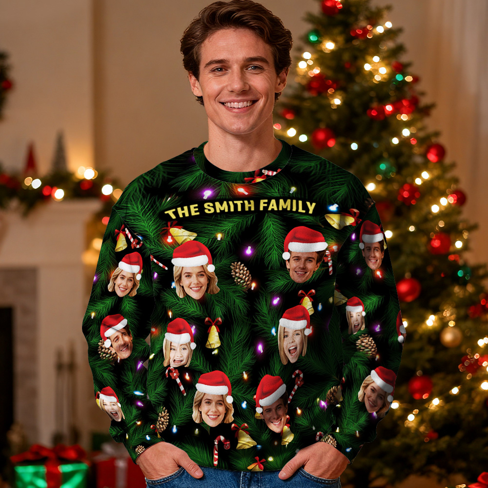 Custom Face Round Neck Hoodie Personalized Photo Gift For Family Christmas Light Bulbs Sweater