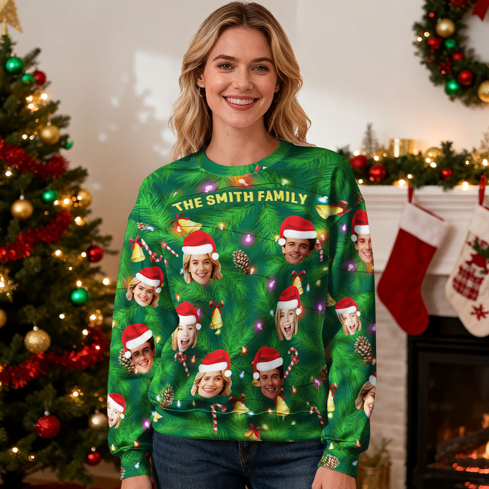 Custom Face Round Neck Hoodie Multi Family Face Hoodie Personalized Photo Gift For Family Christmas Light Bulbs Sweater - MyFaceSocksAU