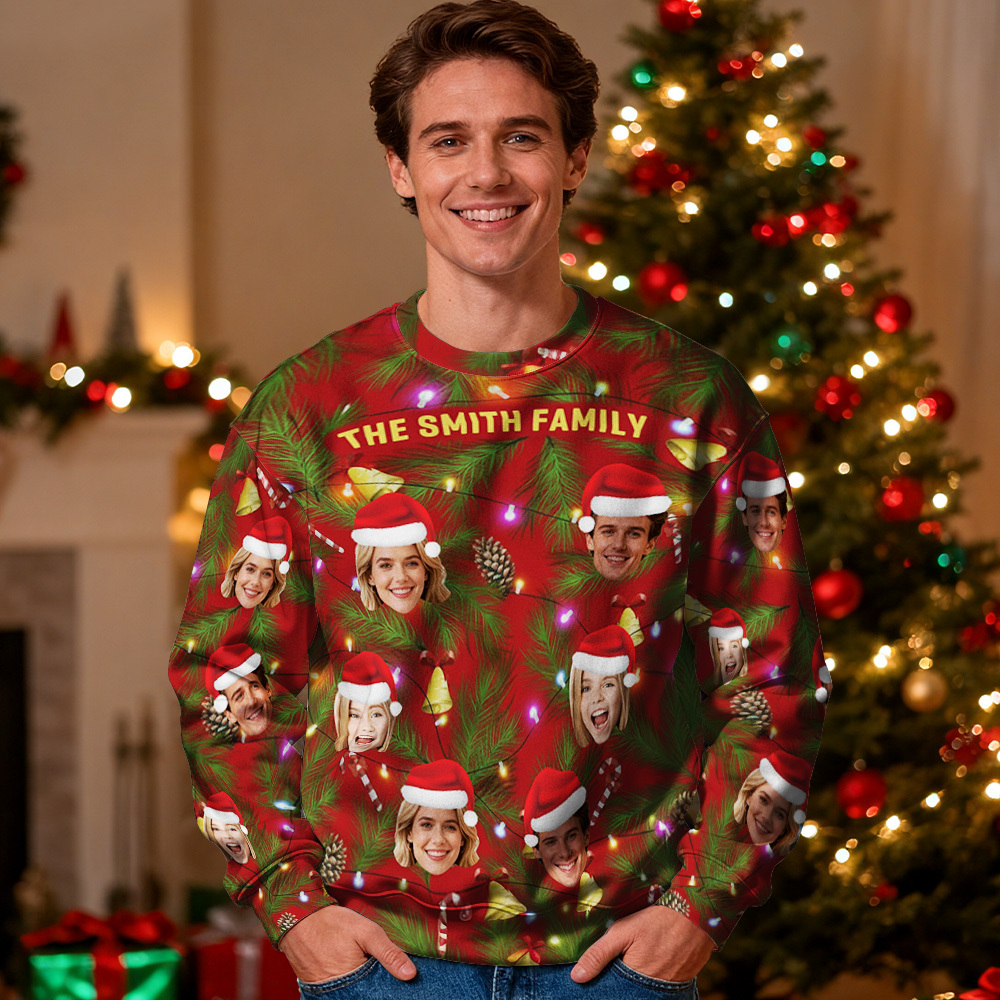 Custom Face Round Neck Hoodie Multi Family Face Hoodie Personalized Photo Gift For Family Christmas Light Bulbs Sweater - MyFaceSocksAU