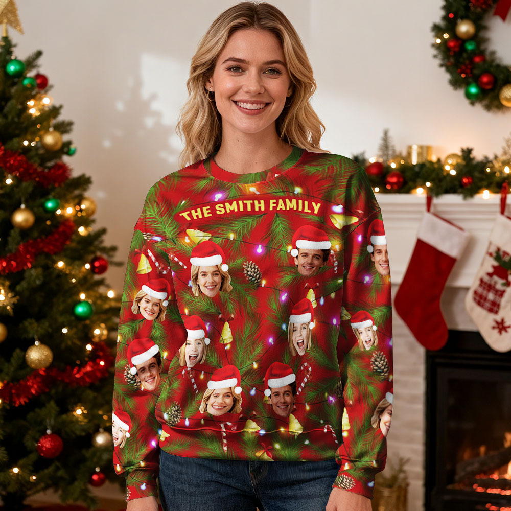 Custom Face Round Neck Hoodie Multi Family Face Hoodie Personalized Photo Gift For Family Christmas Light Bulbs Sweater - MyFaceSocksAU