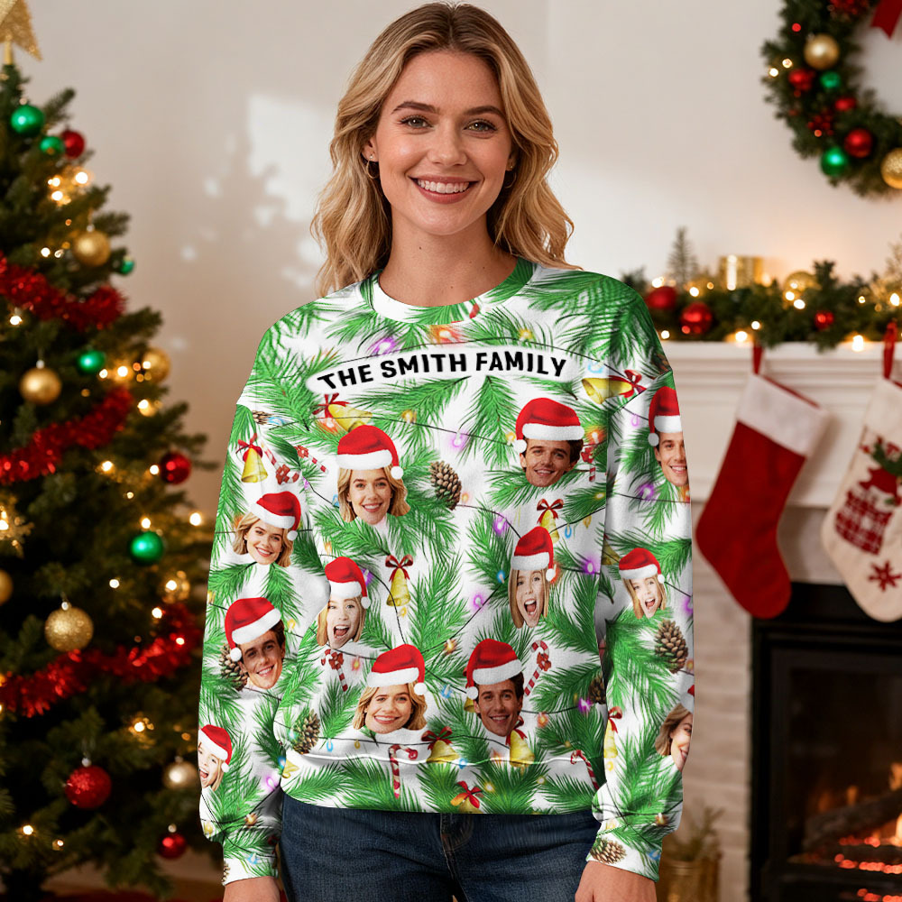 Custom Face Round Neck Hoodie Multi Family Face Hoodie Personalized Photo Gift For Family Christmas Light Bulbs Sweater - MyFaceSocksAU