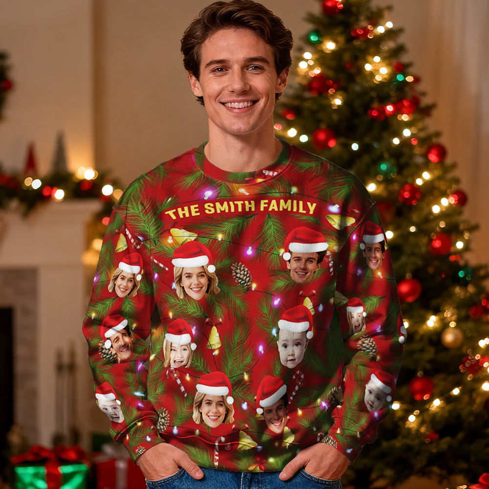 Custom Face Round Neck Hoodie Multi Family Face Hoodie Personalized Photo Gift For Family Christmas Light Bulbs Sweater - MyFaceSocksAU