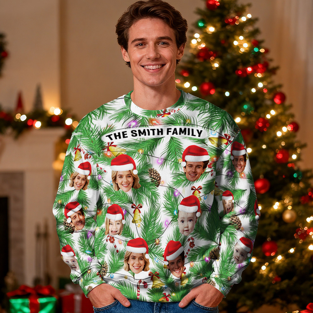 Custom Face Round Neck Hoodie Multi Family Face Hoodie Personalized Photo Gift For Family Christmas Light Bulbs Sweater - MyFaceSocksAU