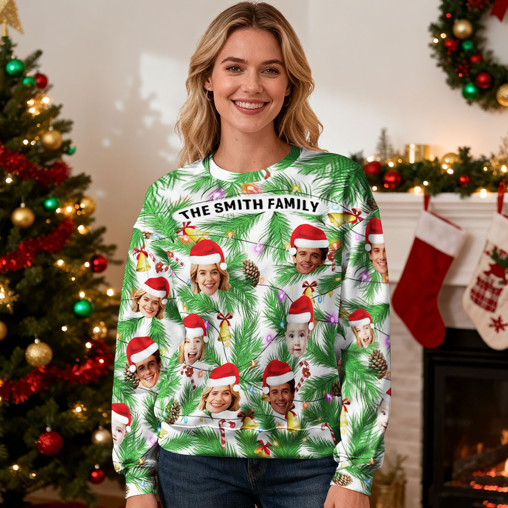 Custom Face Round Neck Hoodie Multi Family Face Hoodie Personalized Photo Gift For Family Christmas Light Bulbs Sweater - MyFaceSocksAU