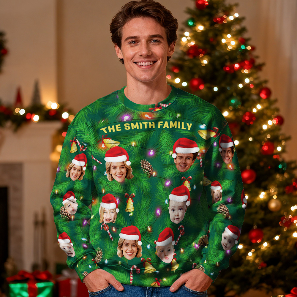 Custom Face Round Neck Hoodie Multi Family Face Hoodie Personalized Photo Gift For Family Christmas Light Bulbs Sweater - MyFaceSocksAU