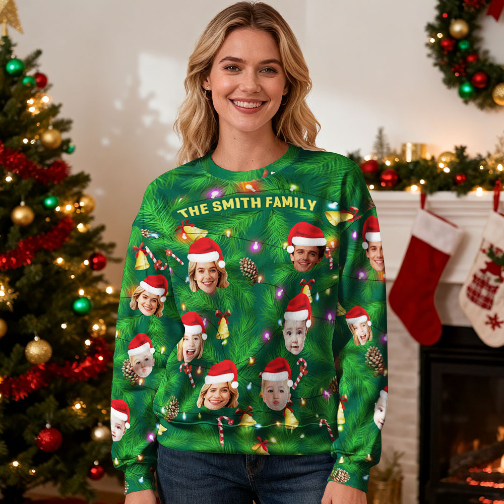 Custom Face Round Neck Hoodie Multi Family Face Hoodie Personalized Photo Gift For Family Christmas Light Bulbs Sweater - MyFaceSocksAU