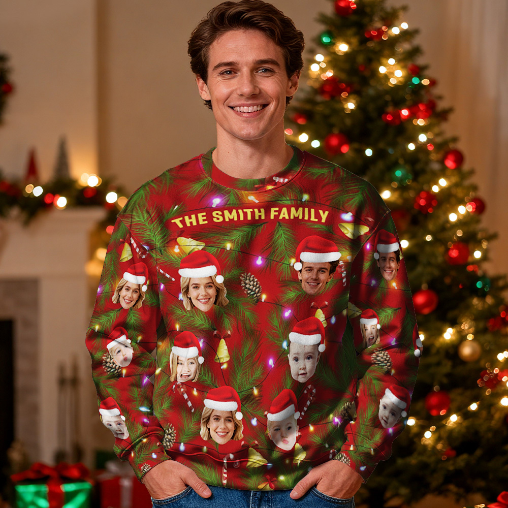 Custom Face Round Neck Hoodie Multi Family Face Hoodie Personalized Photo Gift For Family Christmas Light Bulbs Sweater - MyFaceSocksAU