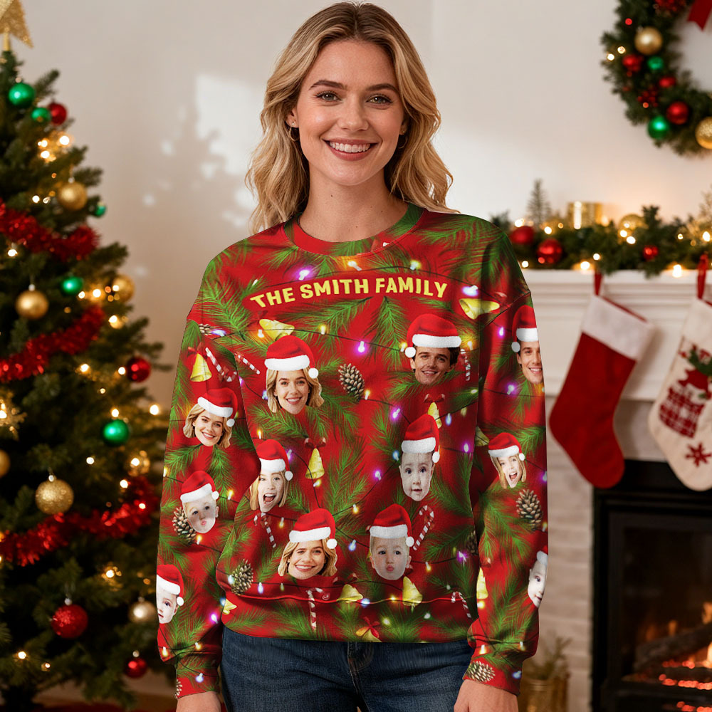 Custom Face Round Neck Hoodie Multi Family Face Hoodie Personalized Photo Gift For Family Christmas Light Bulbs Sweater - MyFaceSocksAU