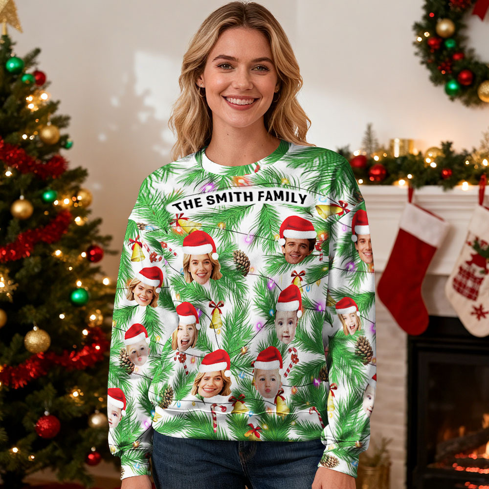 Custom Face Round Neck Hoodie Multi Family Face Hoodie Personalized Photo Gift For Family Christmas Light Bulbs Sweater - MyFaceSocksAU