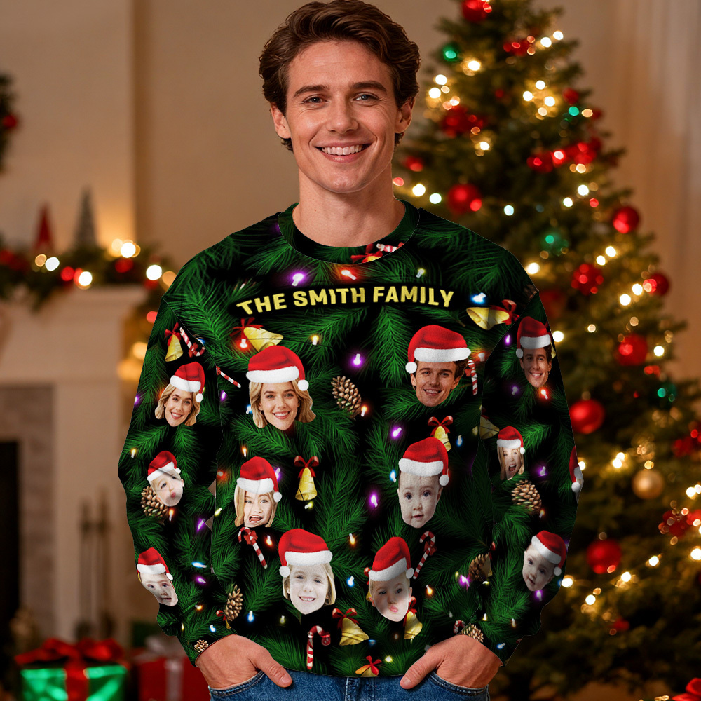 Custom Face Round Neck Hoodie Multi Family Face Hoodie Personalized Photo Gift For Family Christmas Light Bulbs Sweater - MyFaceSocksAU