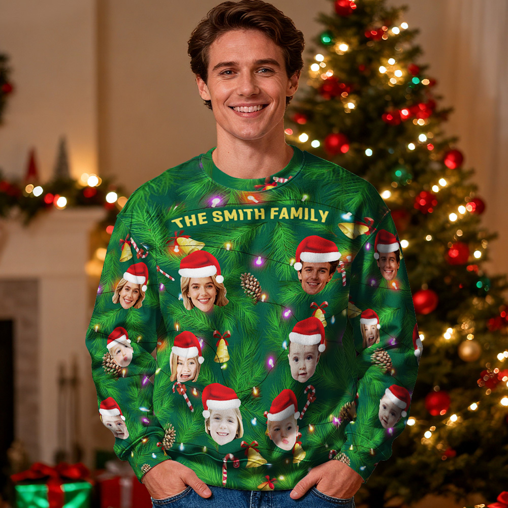 Custom Face Round Neck Hoodie Multi Family Face Hoodie Personalized Photo Gift For Family Christmas Light Bulbs Sweater - MyFaceSocksAU