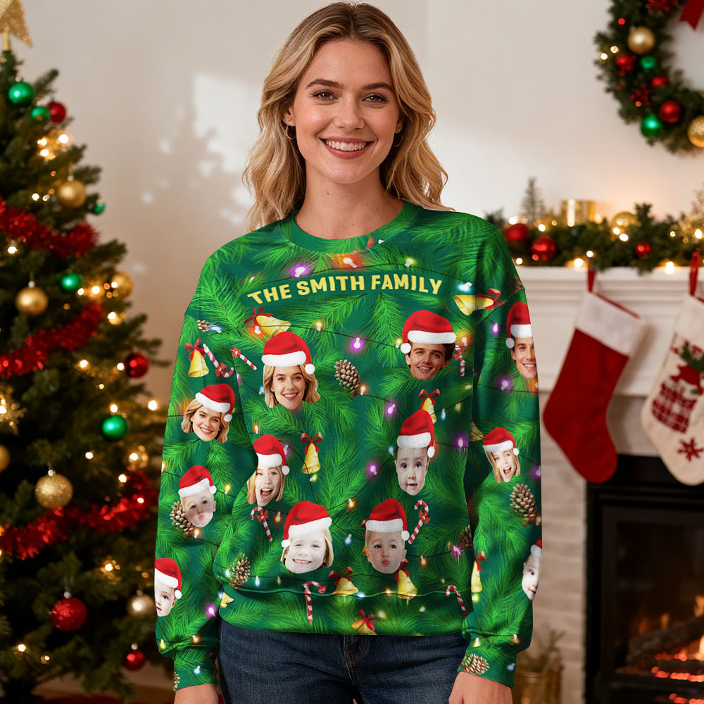 Custom Face Round Neck Hoodie Multi Family Face Hoodie Personalized Photo Gift For Family Christmas Light Bulbs Sweater - MyFaceSocksAU