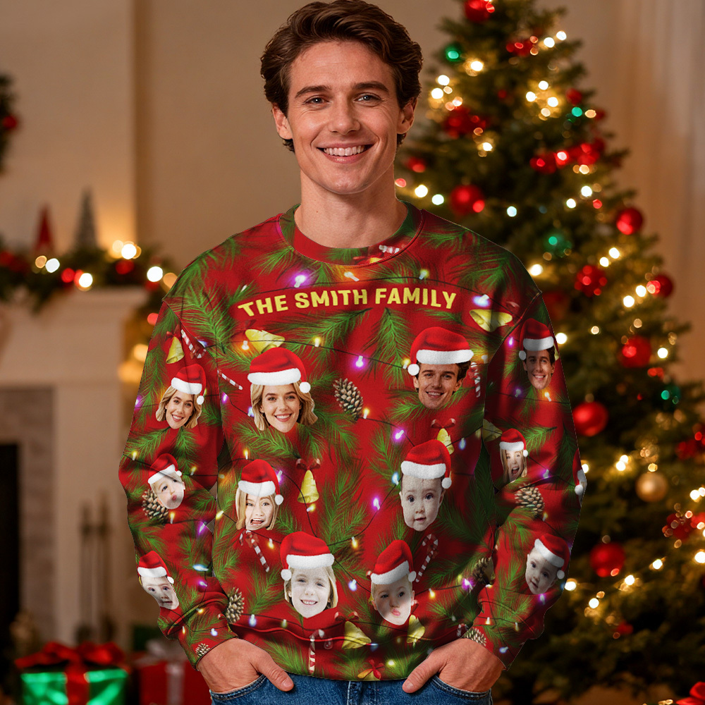 Custom Face Round Neck Hoodie Multi Family Face Hoodie Personalized Photo Gift For Family Christmas Light Bulbs Sweater - MyFaceSocksAU