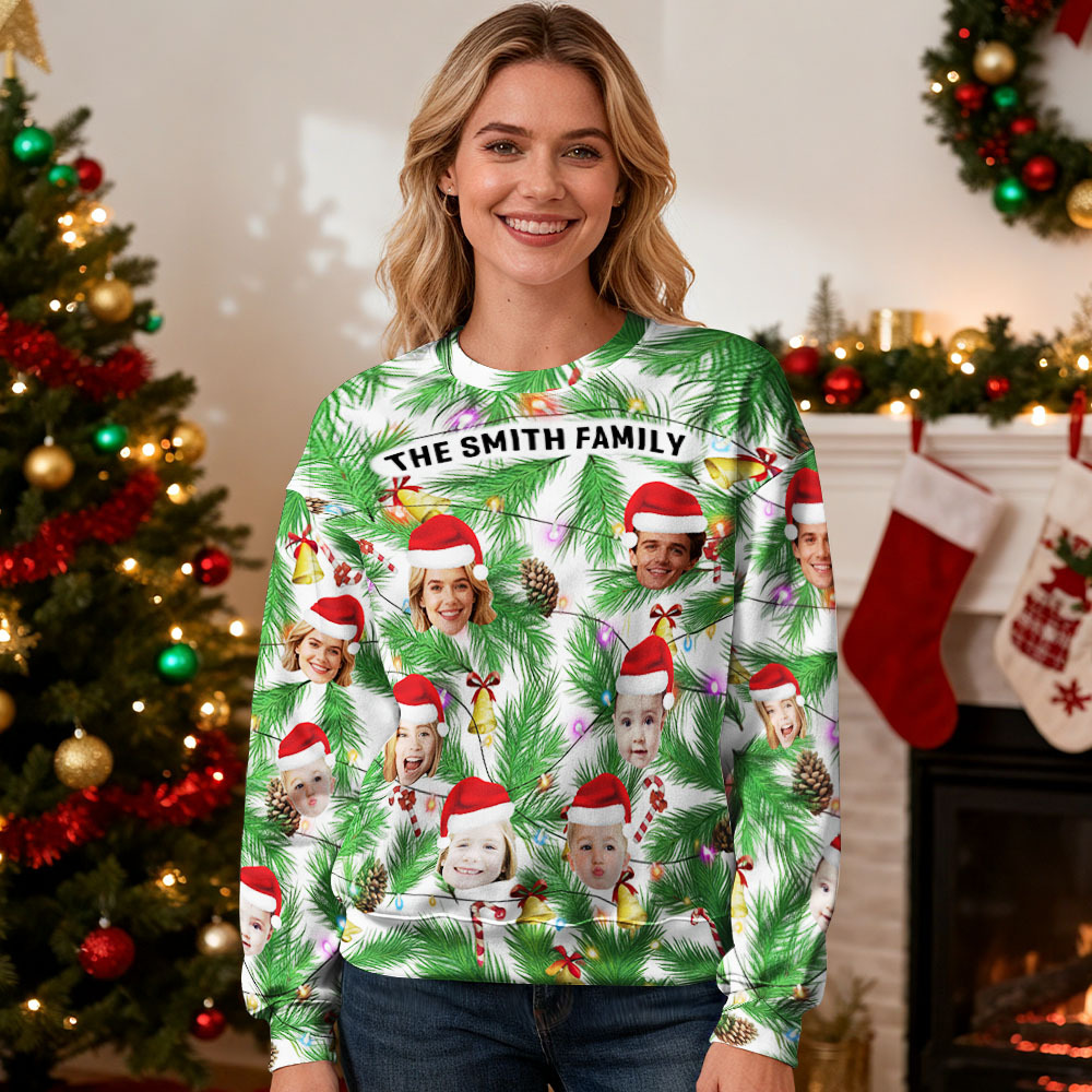 Custom Face Round Neck Hoodie Multi Family Face Hoodie Personalized Photo Gift For Family Christmas Light Bulbs Sweater - MyFaceSocksAU