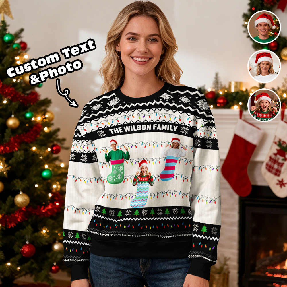 Custom Face Round Neck Hoodie Personalized Custom Photo Christmas Gifts For Family Ugly Sweater Xmas Leds Unisex Hoodies - MyFaceSocksAU