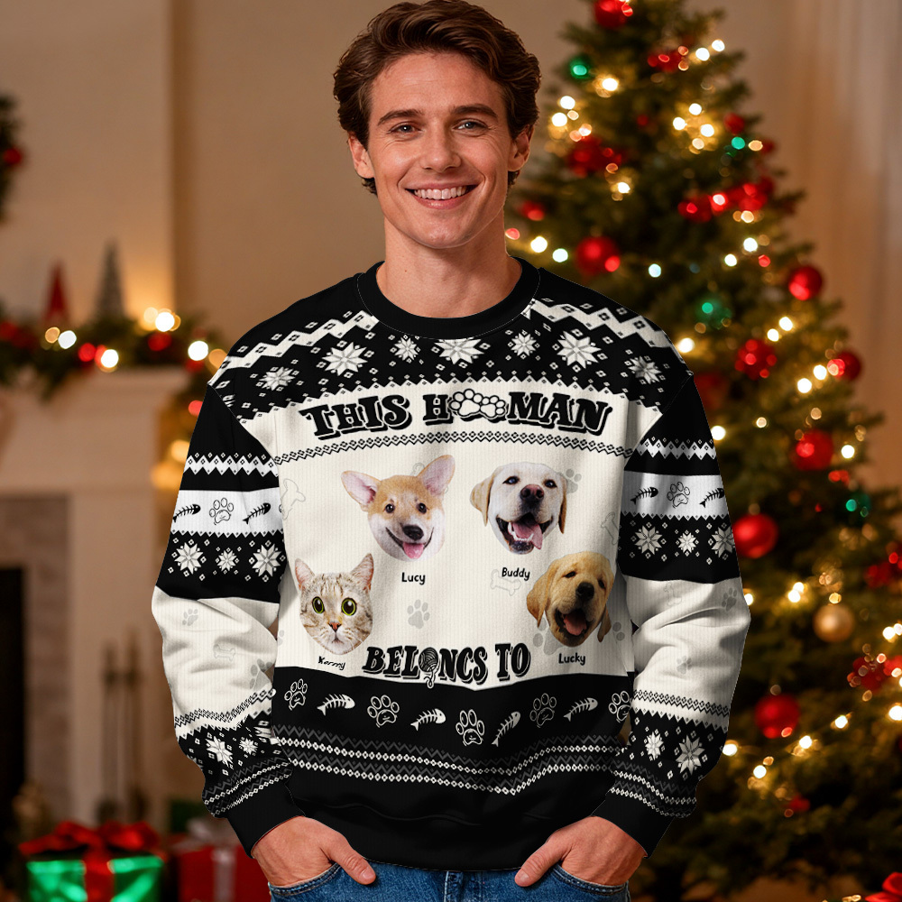 Custom Face Round Neck Hoodie Personalized Custom Photo Black Christmas Gifts For Family Cute Pet Face Sweater Xmas Leds Unisex Hoodies - MyFaceSocksAU