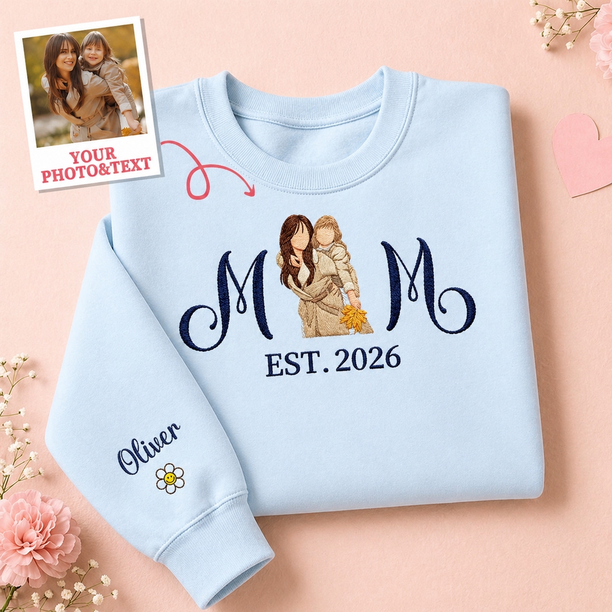 Custom Embroidered Mum Sweatshirt with Mum Kids Portrait - MyFaceSocksAU