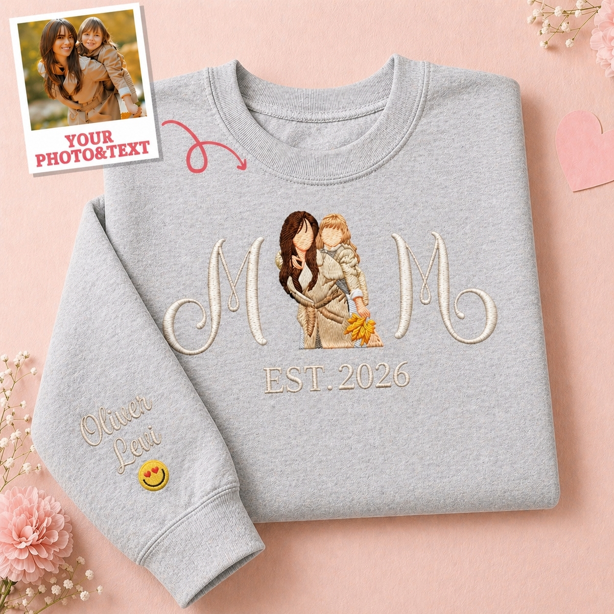 Custom Embroidered Mum Sweatshirt with Mum Kids Portrait - MyFaceSocksAU