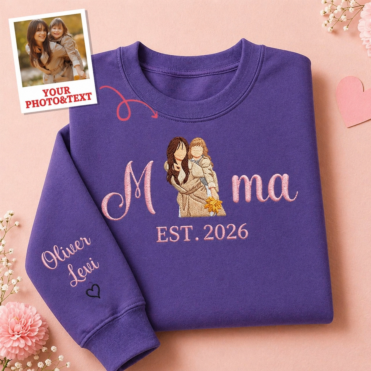 Custom Embroidered Mum Sweatshirt with Mum Kids Portrait - MyFaceSocksAU