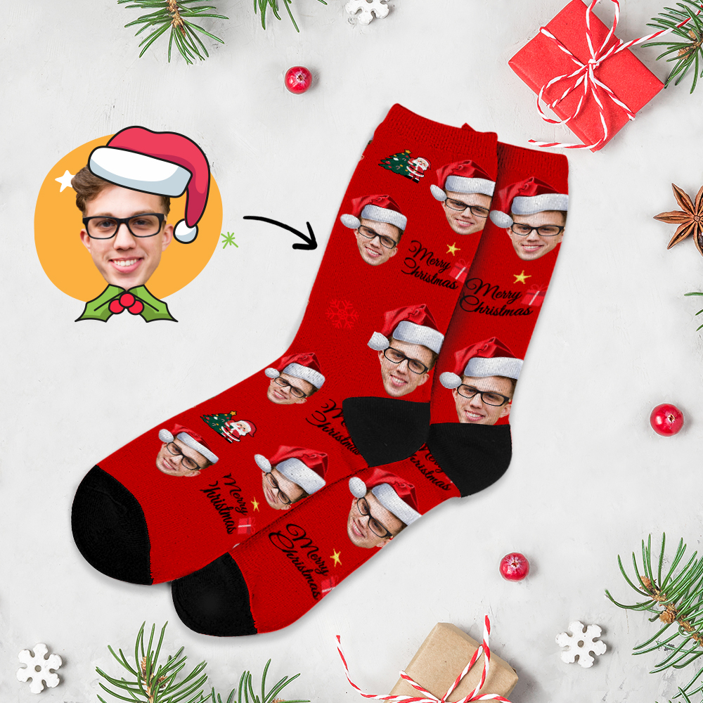 Chrismas Socks Custom Full Face Photo Socks Personalized Funny Custom Design Best Gift Idea for Xmas Multicolor - MyFaceSocksAU