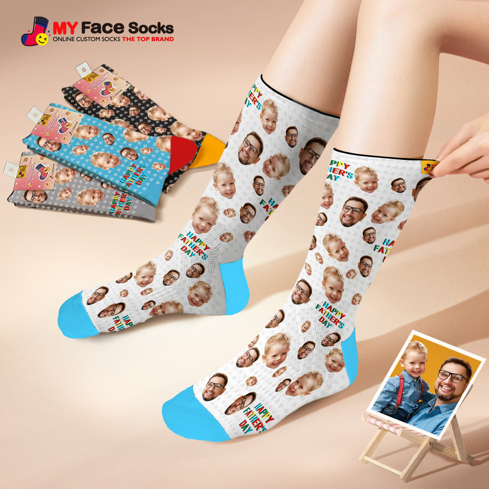 Custom Full Face Photo Print Socks Colorful Happy Fathers Day Personalized Custom Design Best Gift Idea - MyFaceSocksAU