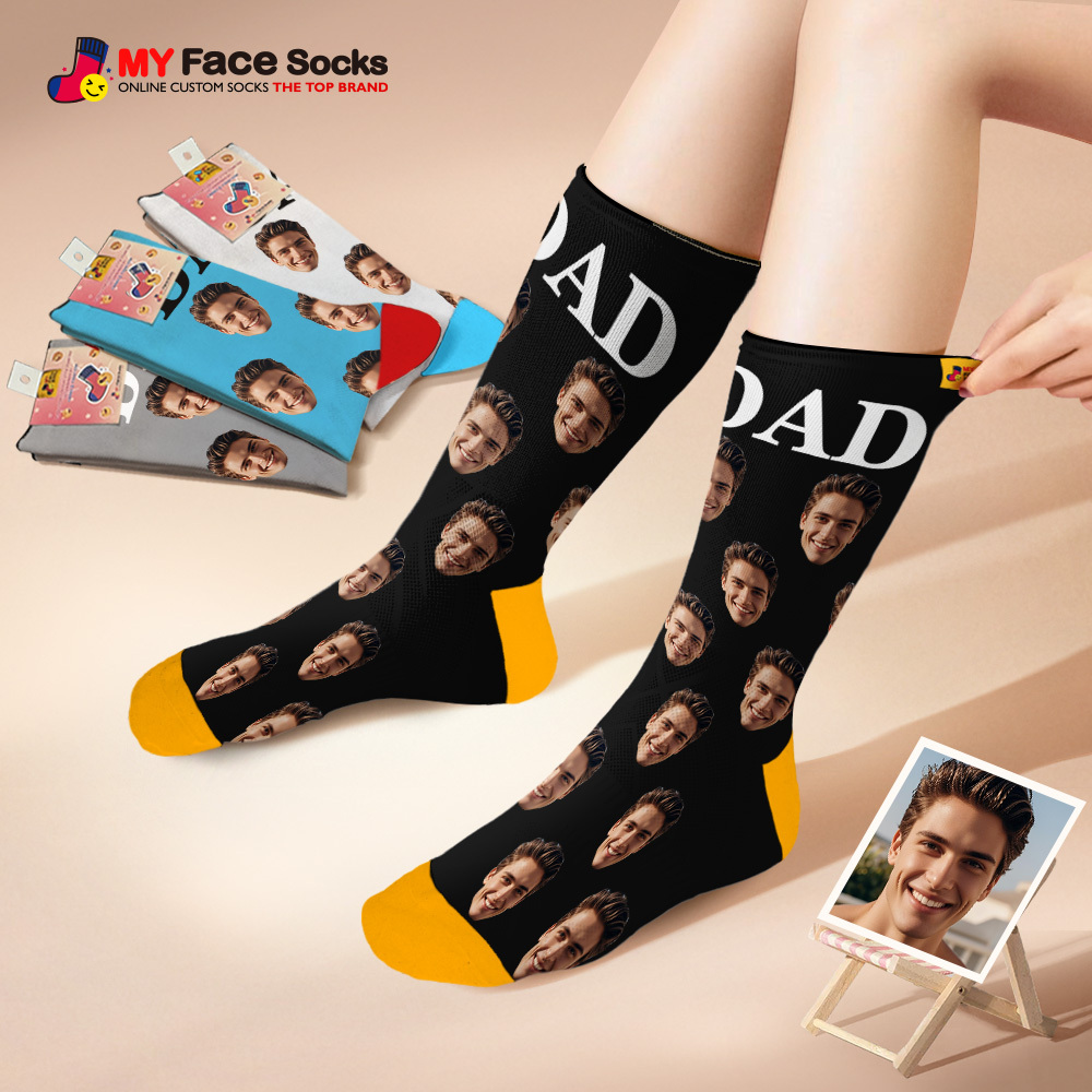 Custom Full Face Photo Print Socks, Colorful Crown Dad Socks Personalized Custom Design Best Gift For Dad - MyFaceSocksAU
