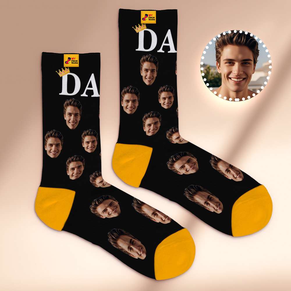 Custom Full Face Photo Print Socks, Colorful Crown Dad Socks Personalized Custom Design Best Gift For Dad - MyFaceSocksAU