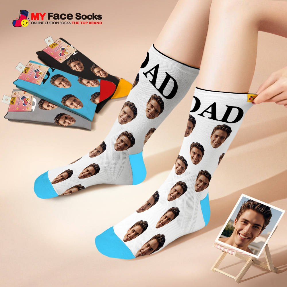 Custom Full Face Photo Print Socks, Colorful Crown Dad Socks Personalized Custom Design Best Gift For Dad - MyFaceSocksAU