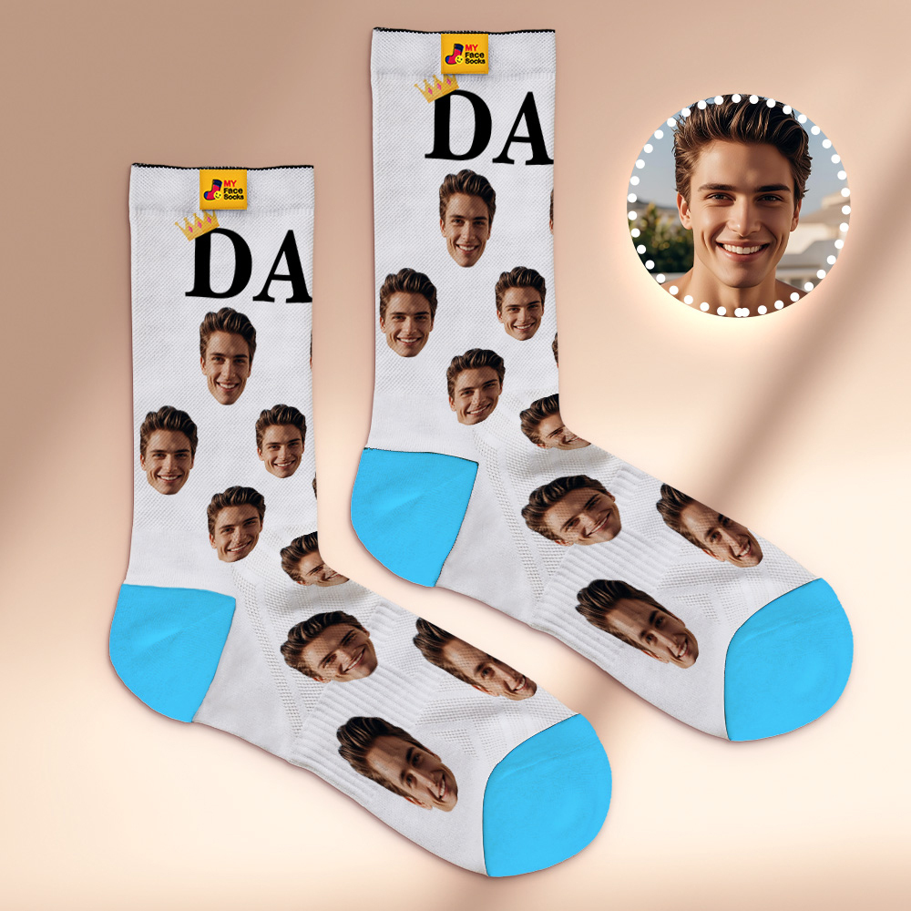 Custom Full Face Photo Print Socks, Colorful Crown Dad Socks Personalized Custom Design Best Gift For Dad - MyFaceSocksAU