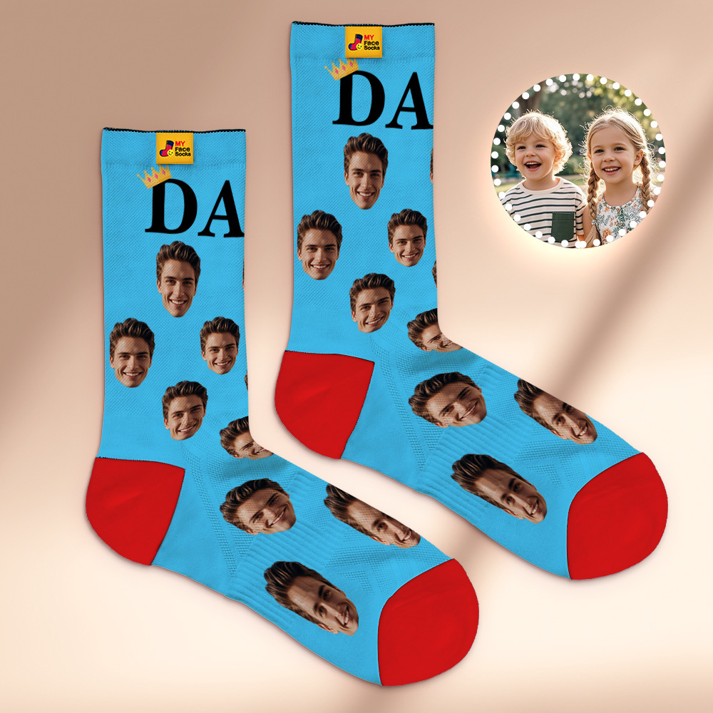 Custom Full Face Photo Print Socks, Colorful Crown Dad Socks Personalized Custom Design Best Gift For Dad - MyFaceSocksAU