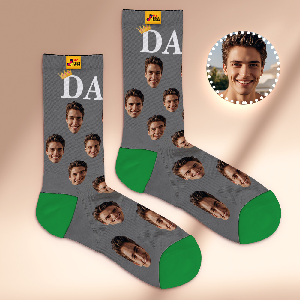 Custom Full Face Photo Print Socks, Colorful Crown Dad Socks Personalized Custom Design Best Gift For Dad - MyFaceSocksAU