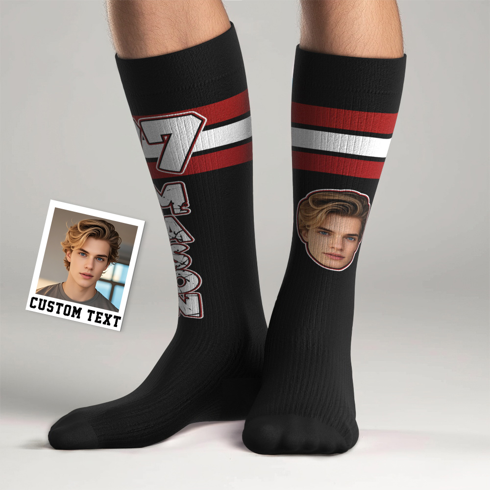 Custom Athletic Blue Knee High Socks Personalized Compression Socks Face and Text Knee High Socks - MyFaceSocksAU