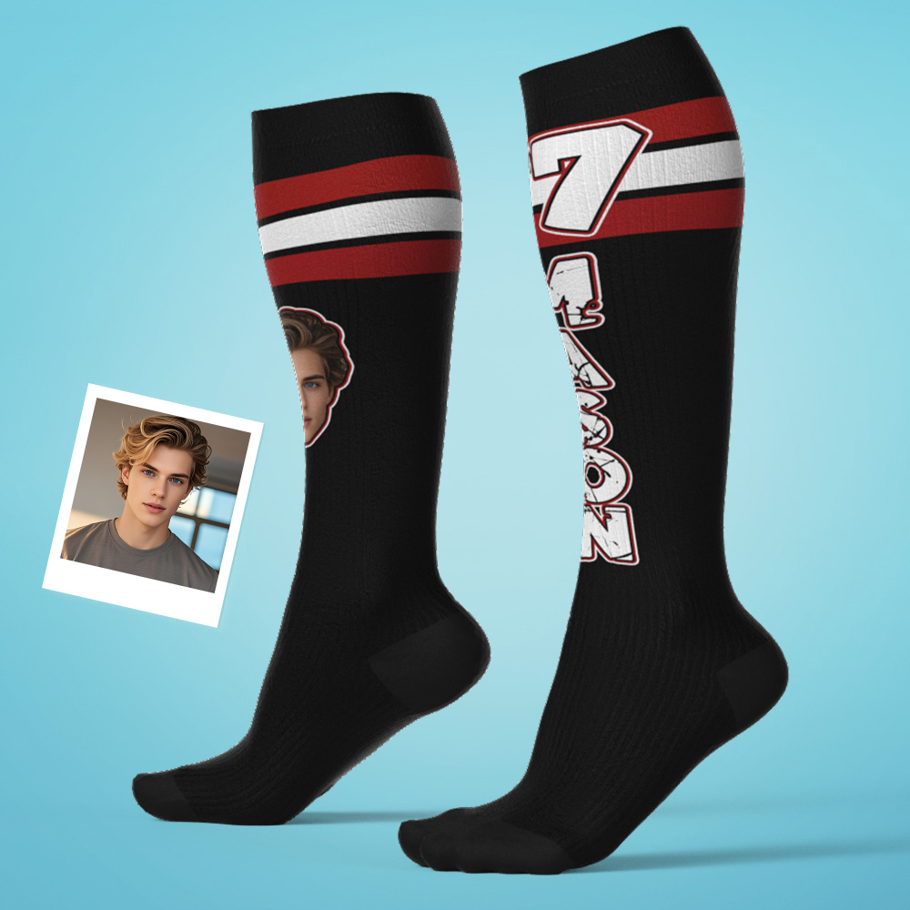 Custom Athletic Blue Knee High Socks Personalized Compression Socks Face and Text Knee High Socks - MyFaceSocksAU