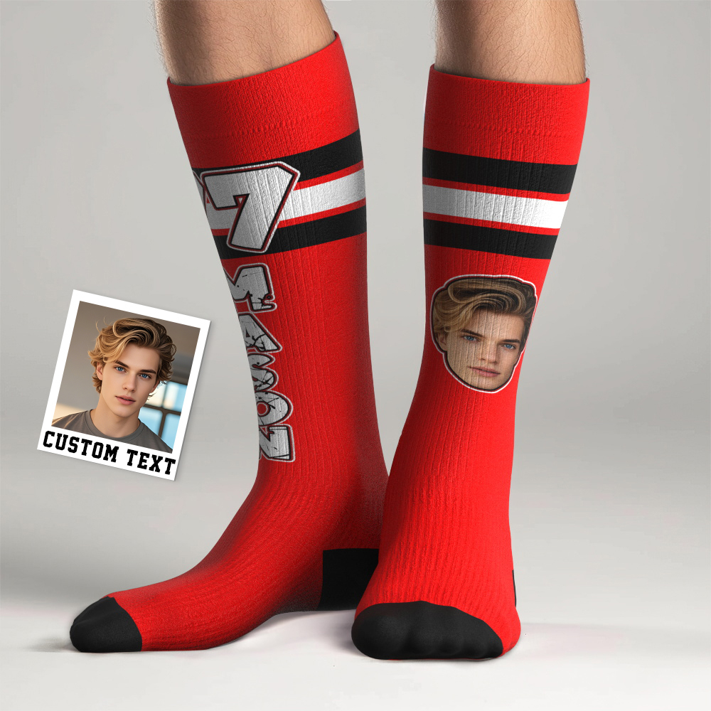 Custom Athletic Blue Knee High Socks Personalized Compression Socks Face and Text Knee High Socks - MyFaceSocksAU
