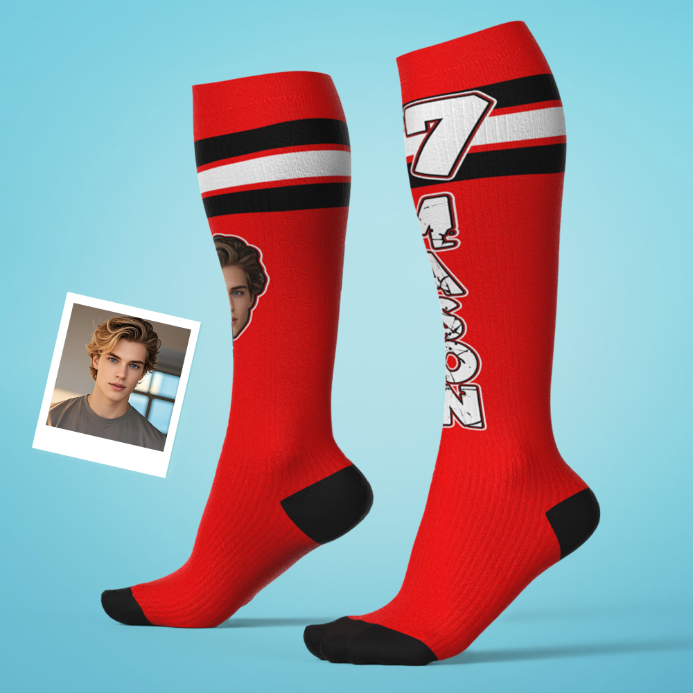 Custom Athletic Blue Knee High Socks Personalized Compression Socks Face and Text Knee High Socks - MyFaceSocksAU