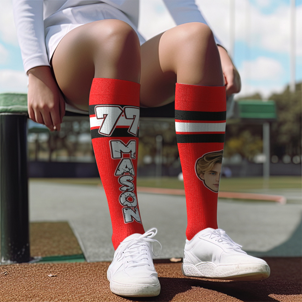 Custom Athletic Blue Knee High Socks Personalized Compression Socks Face and Text Knee High Socks - MyFaceSocksAU
