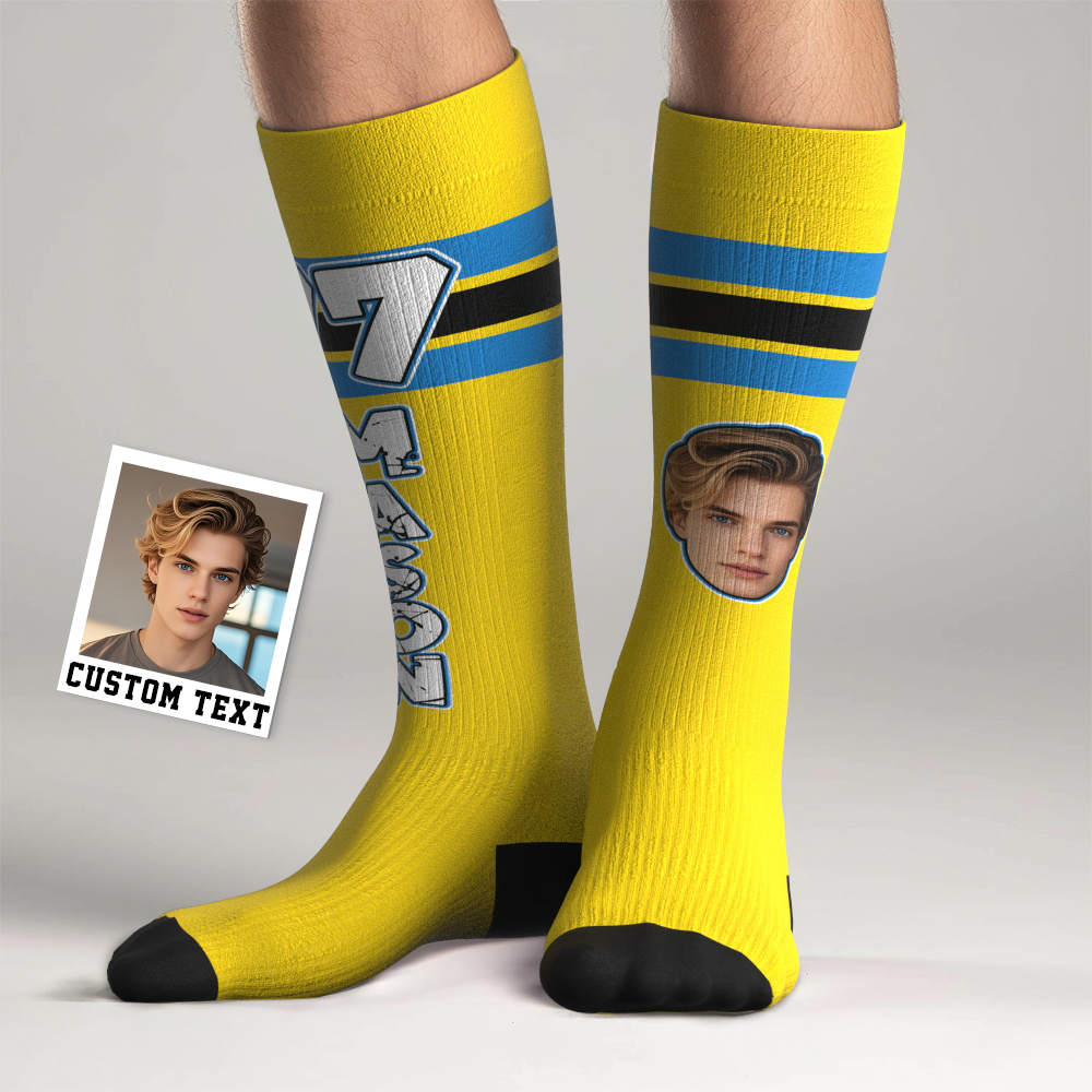 Custom Athletic Blue Knee High Socks Personalized Compression Socks Face and Text Knee High Socks - MyFaceSocksAU