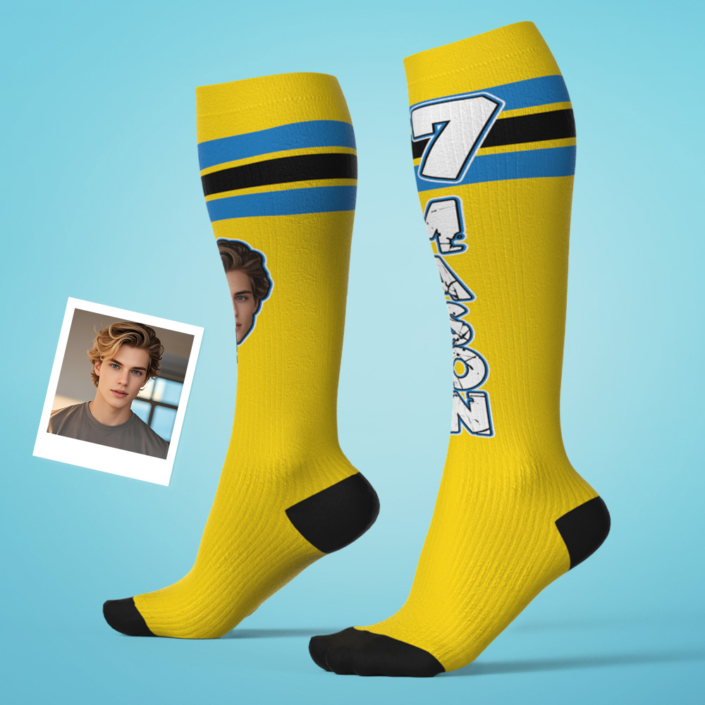 Custom Athletic Blue Knee High Socks Personalized Compression Socks Face and Text Knee High Socks - MyFaceSocksAU