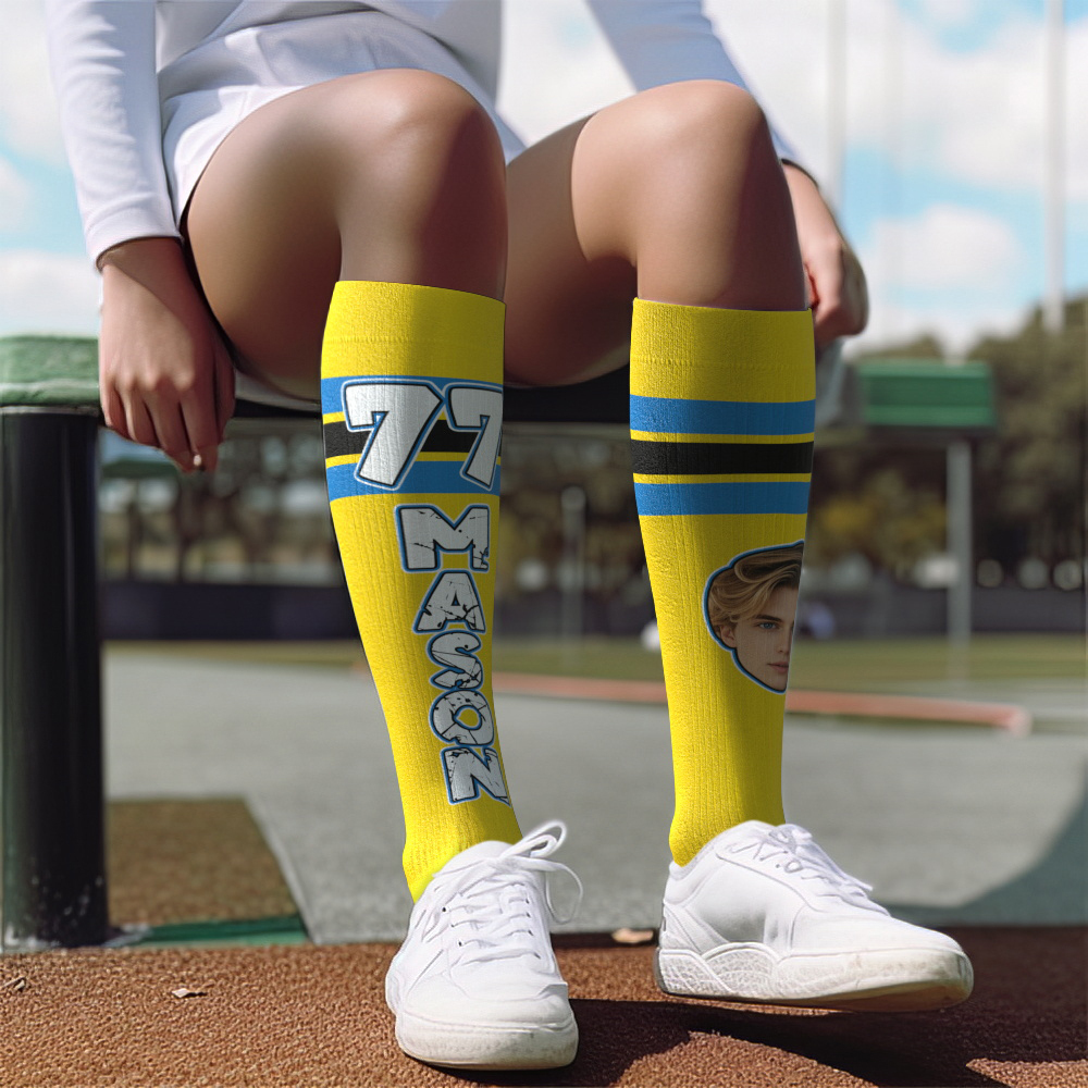 Custom Athletic Blue Knee High Socks Personalized Compression Socks Face and Text Knee High Socks - MyFaceSocksAU